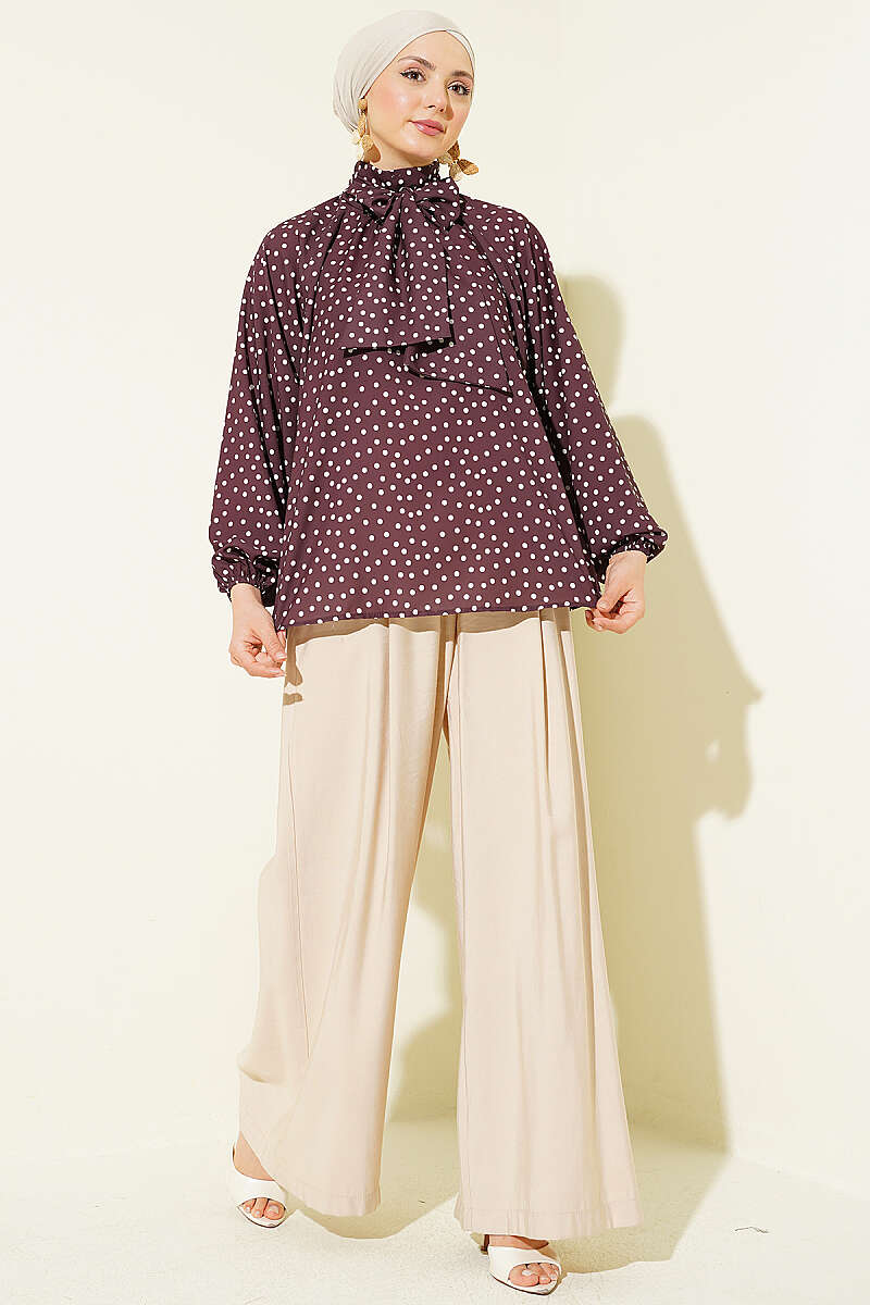 Polka Dot Tie-Collar Tunic - Brown