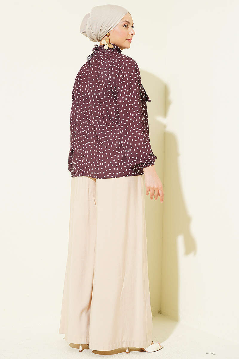 Polka Dot Tie-Collar Tunic - Brown