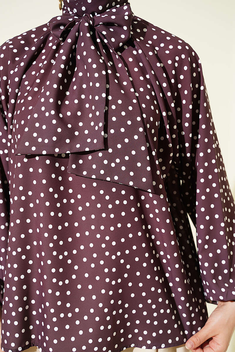 Polka Dot Tie-Collar Tunic - Brown