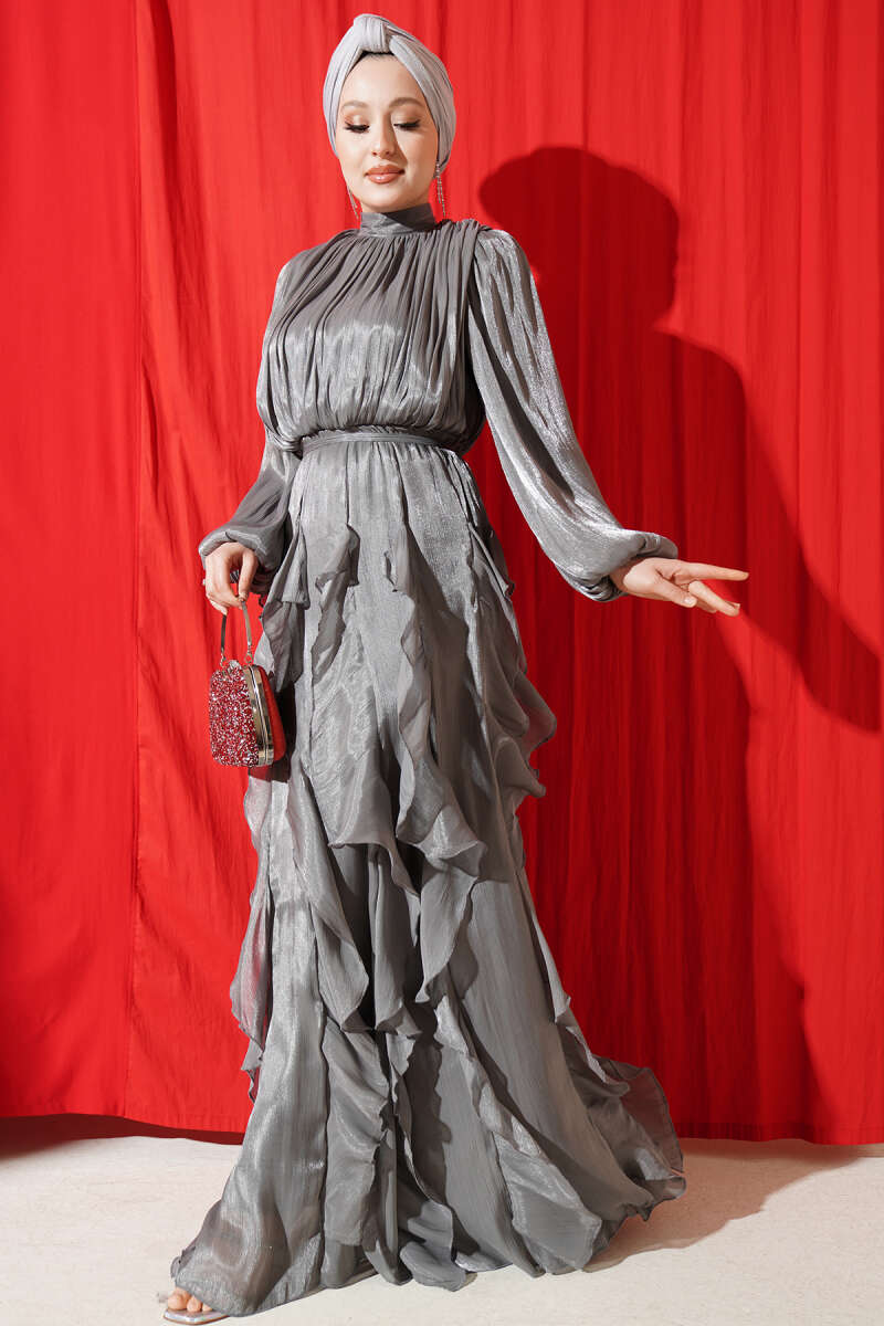 Ruffle Evening Dress with Ruched Collar - Grey