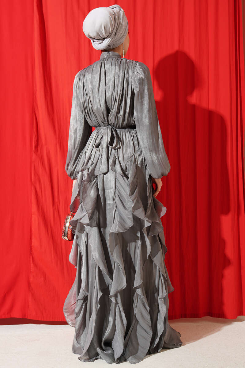 Ruffle Evening Dress with Ruched Collar - Grey