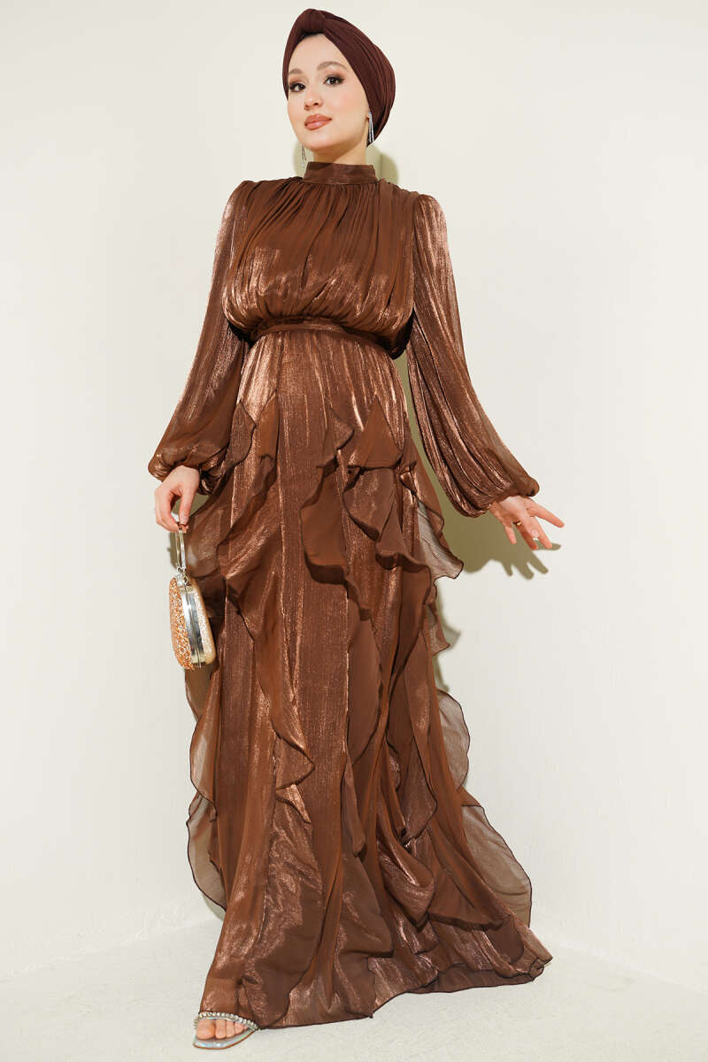 Ruffle Evening Dress with Ruched Collar - Brown