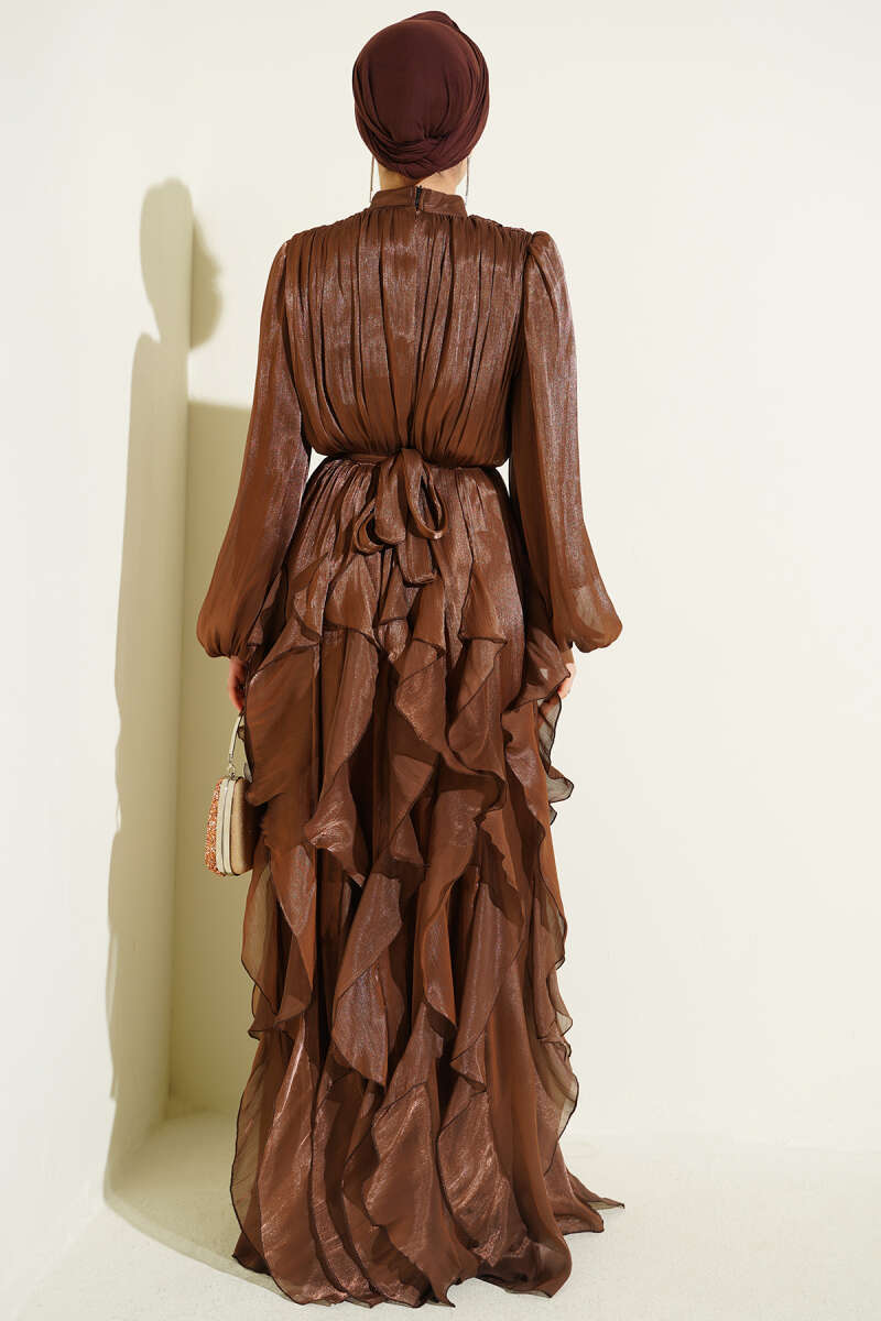 Ruffle Evening Dress with Ruched Collar - Brown