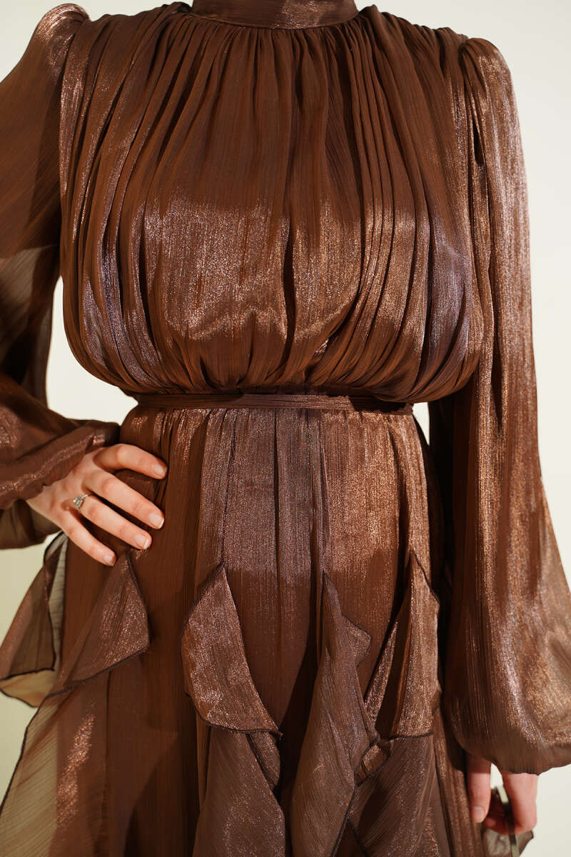 Ruffle Evening Dress with Ruched Collar - Brown