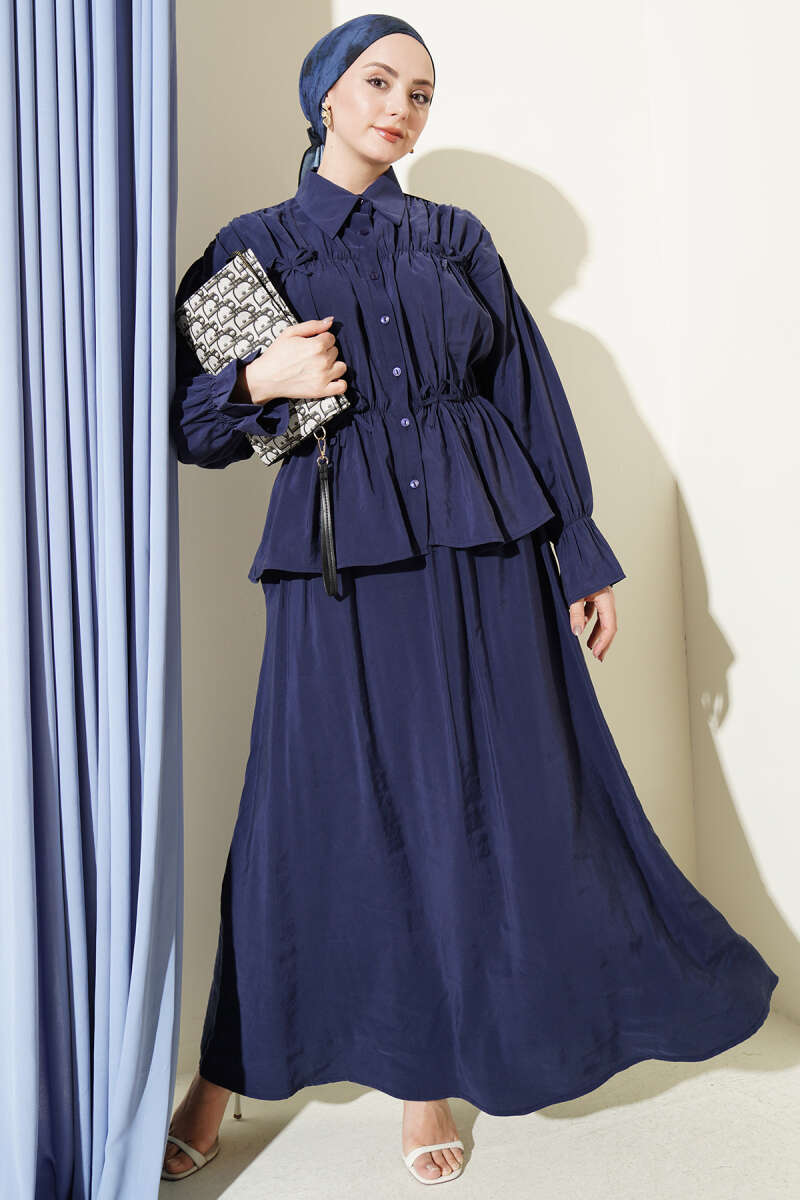 Skirt Set with Ruched Bow Collar - Navy