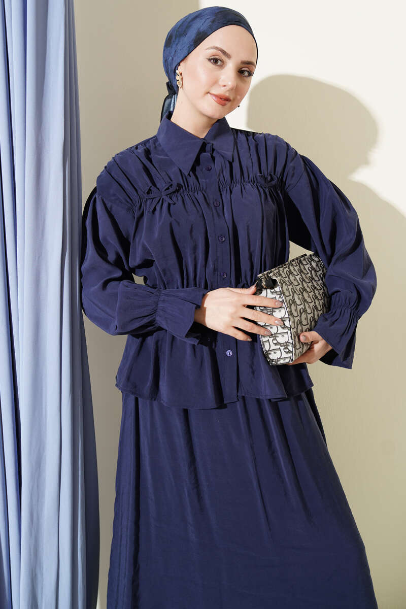 Skirt Set with Ruched Bow Collar - Navy