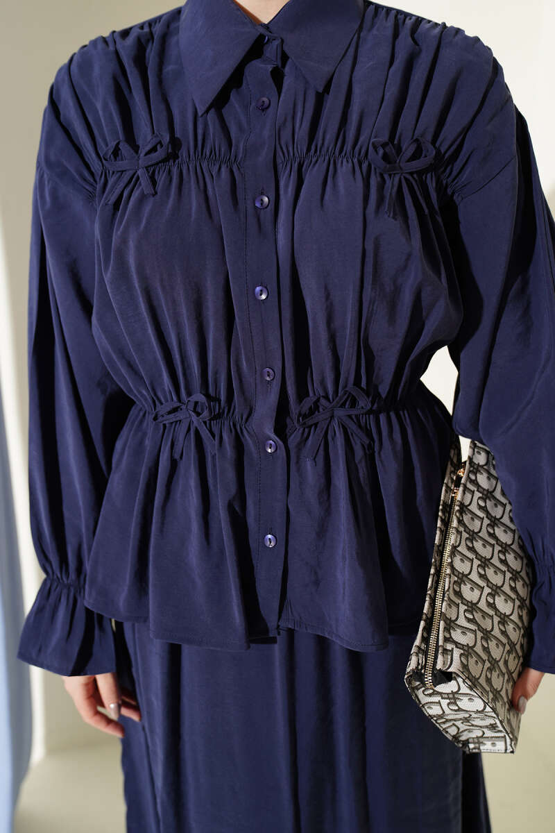 Skirt Set with Ruched Bow Collar - Navy