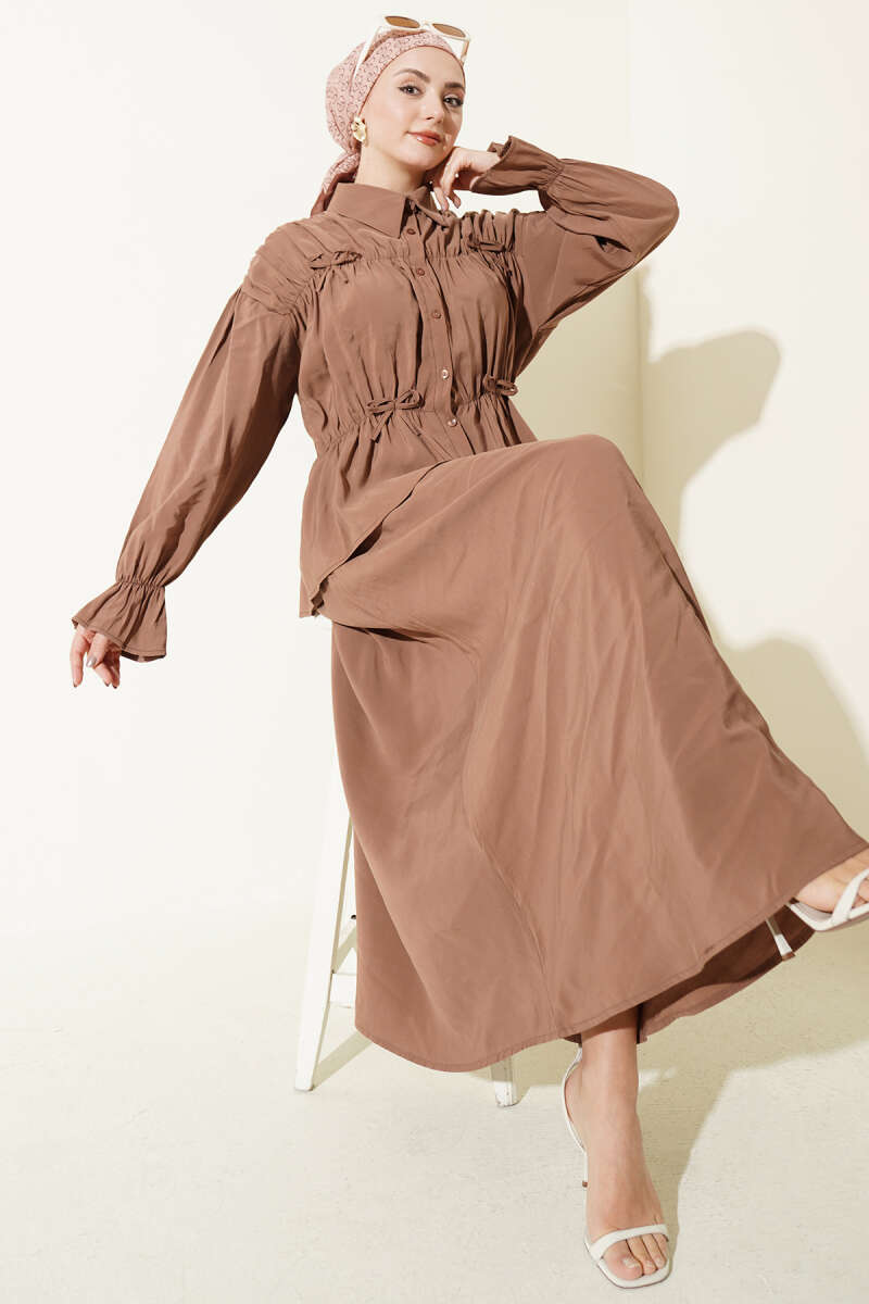 Skirt Set with Ruched Bow Collar - Latte