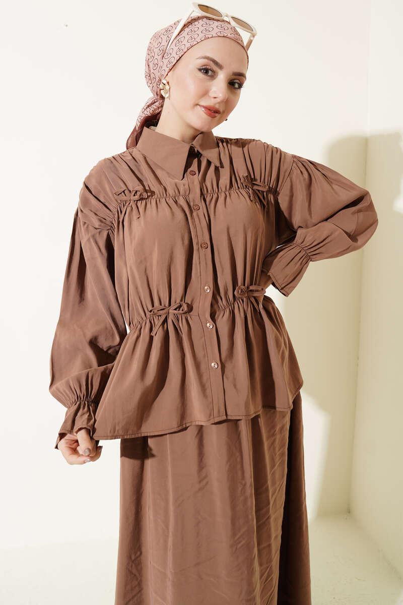 Skirt Set with Ruched Bow Collar - Latte