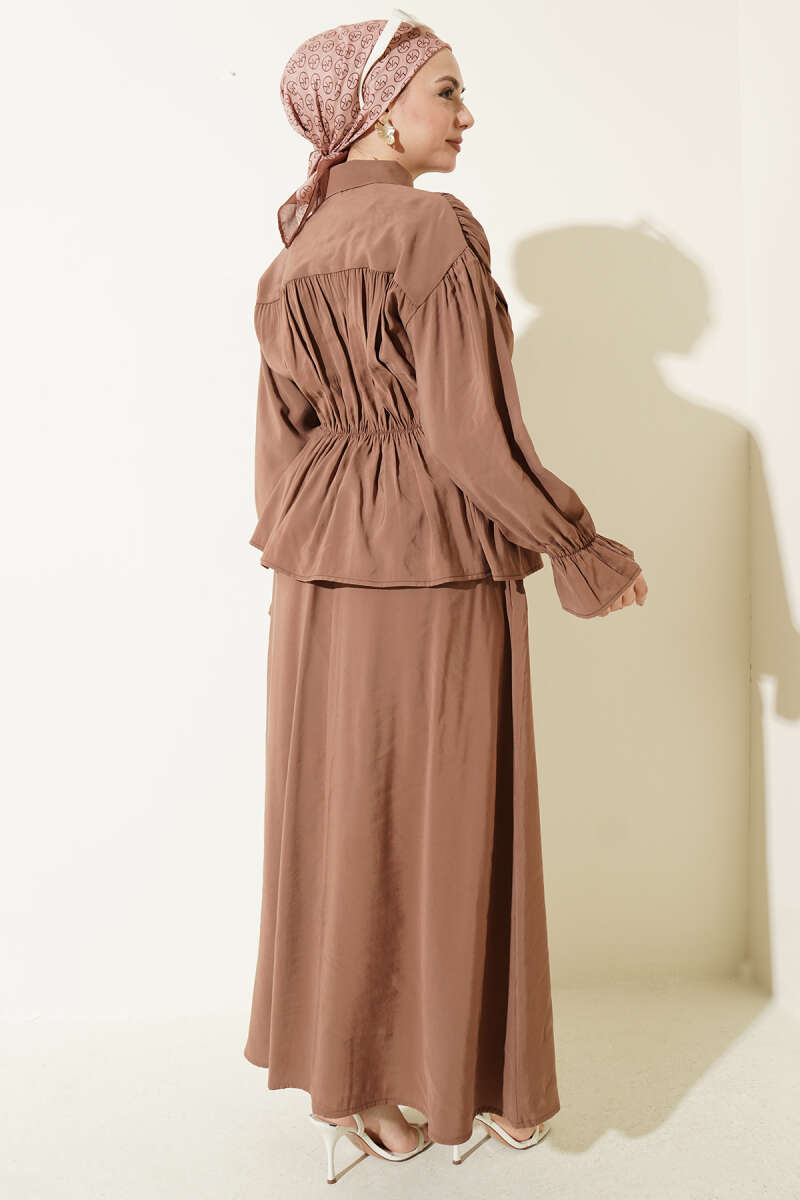 Skirt Set with Ruched Bow Collar - Latte