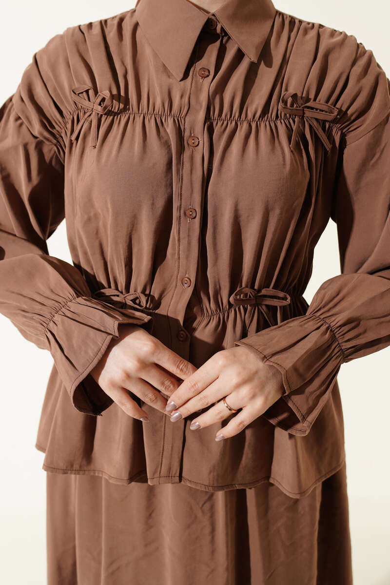Skirt Set with Ruched Bow Collar - Latte