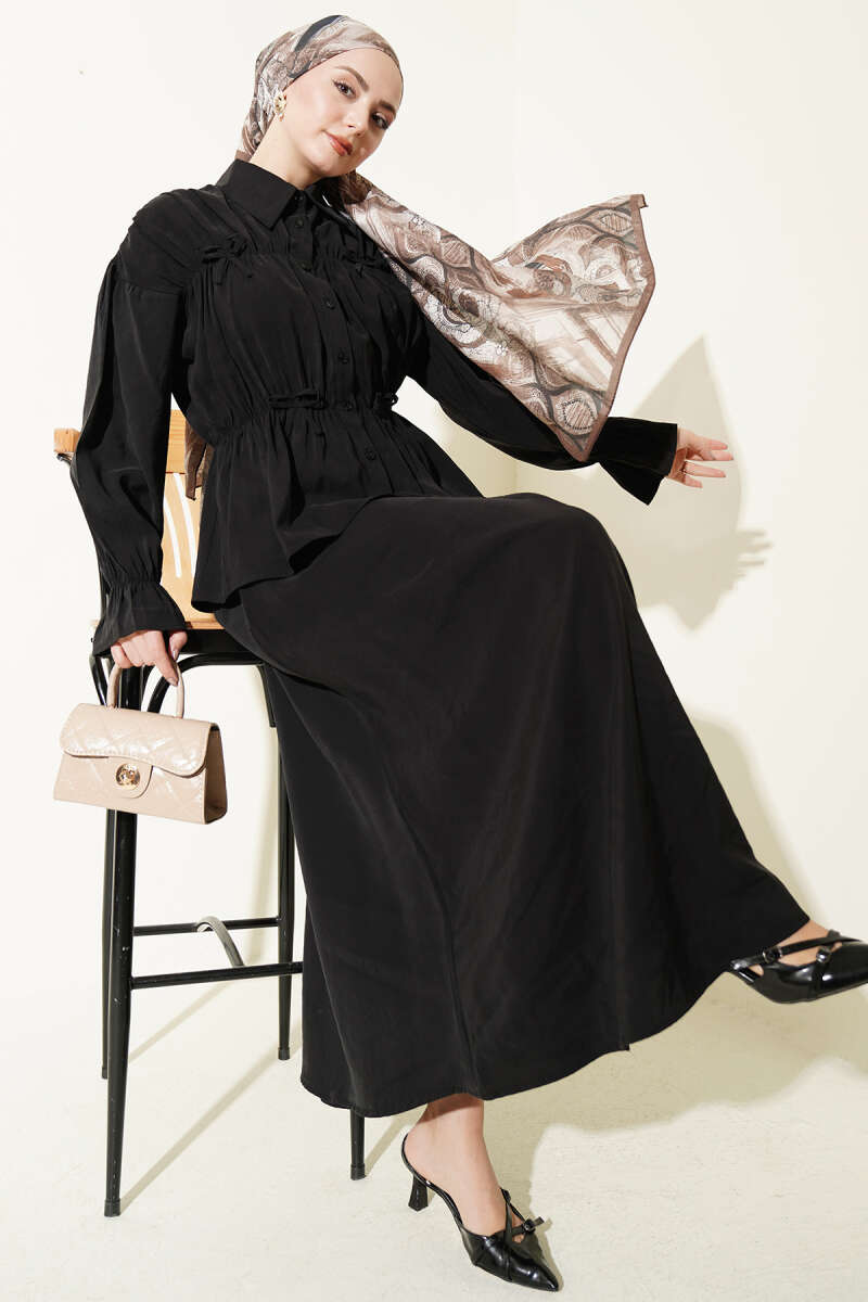 Skirt Set with Ruched Bow Collar - Black