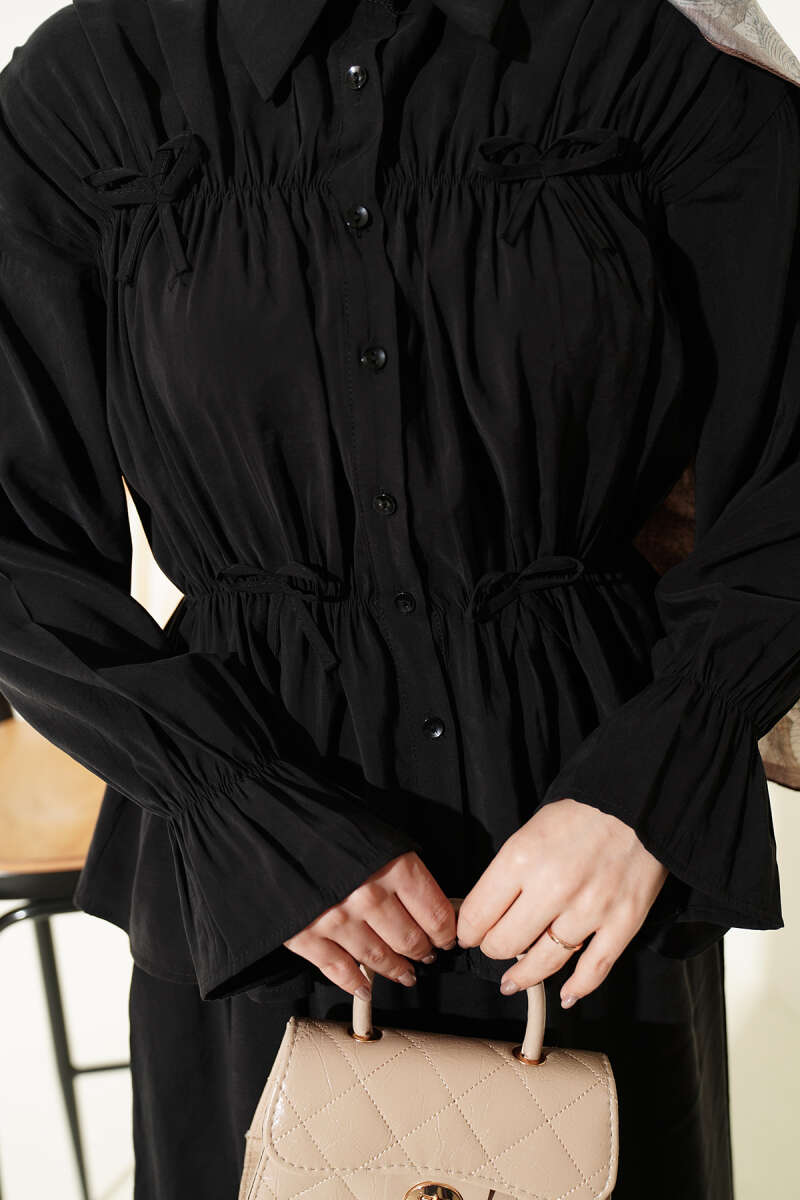 Skirt Set with Ruched Bow Collar - Black