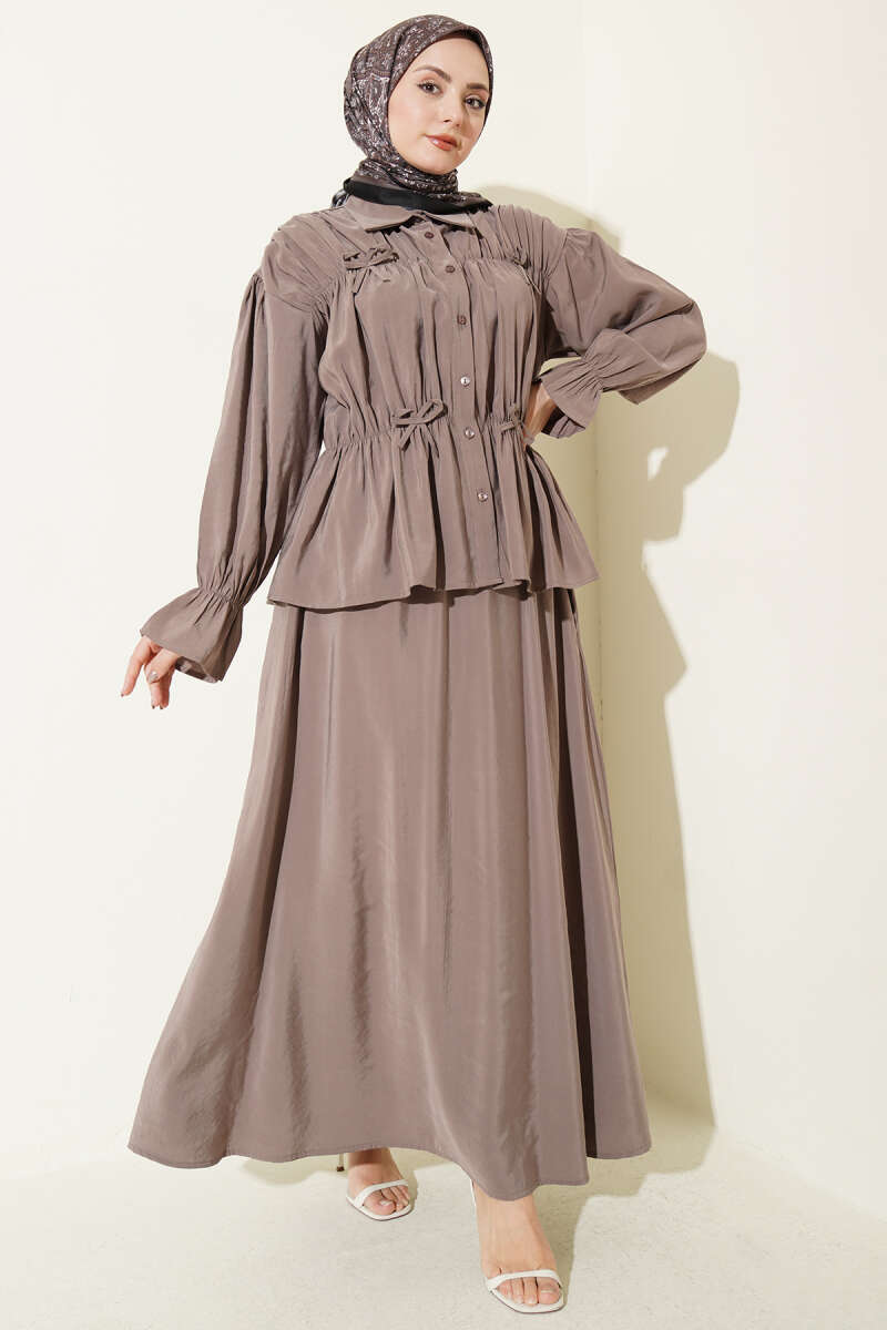 Skirt Set with Ruched Bow Collar - Mink