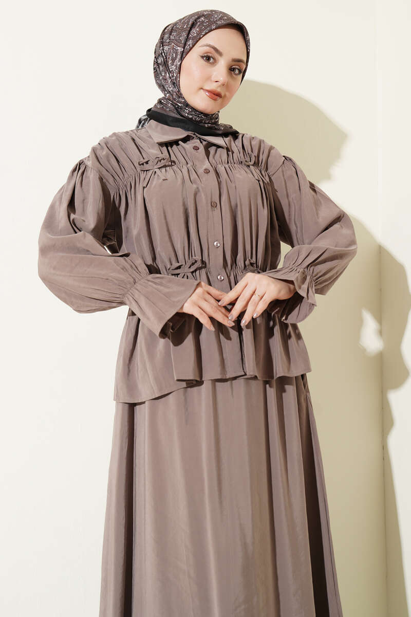 Skirt Set with Ruched Bow Collar - Mink