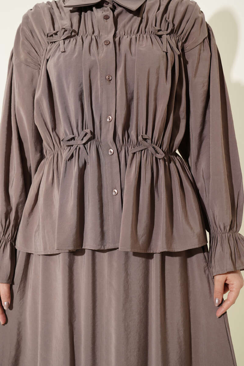 Skirt Set with Ruched Bow Collar - Mink