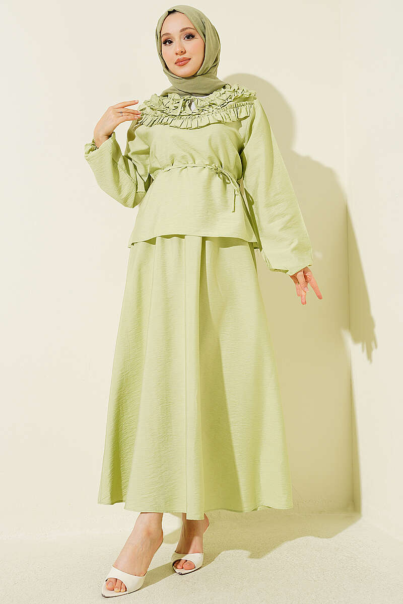 Two-Piece Skirt Set with Gathered Collar and Cord Belt - Almond Green
