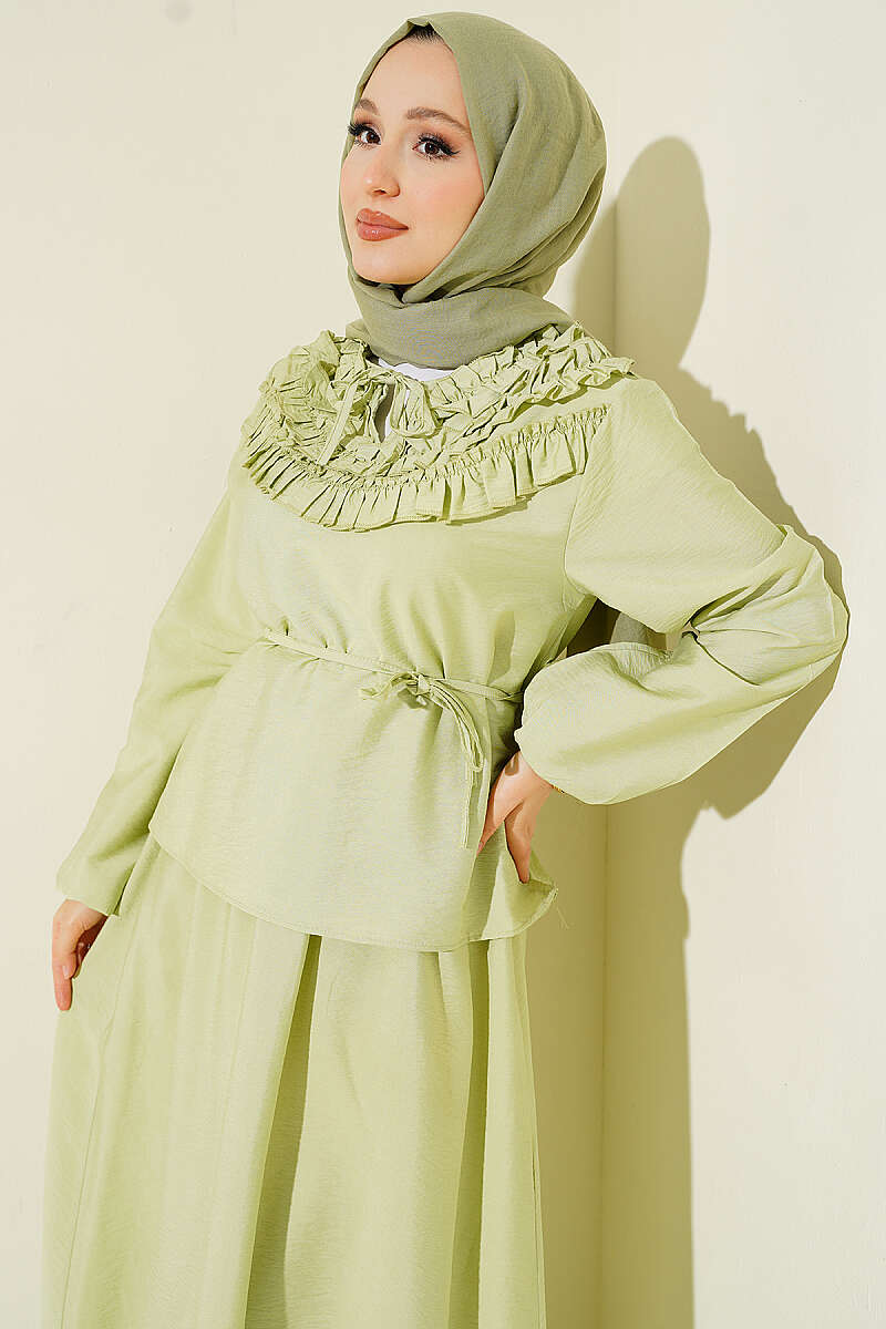 Two-Piece Skirt Set with Gathered Collar and Cord Belt - Almond Green