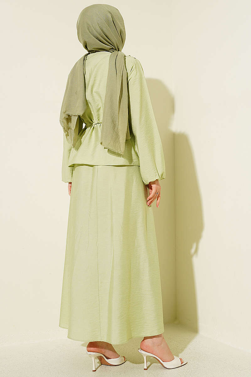 Two-Piece Skirt Set with Gathered Collar and Cord Belt - Almond Green