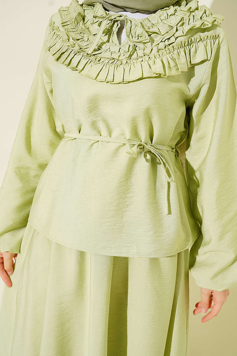 Two-Piece Skirt Set with Gathered Collar and Cord Belt - Almond Green