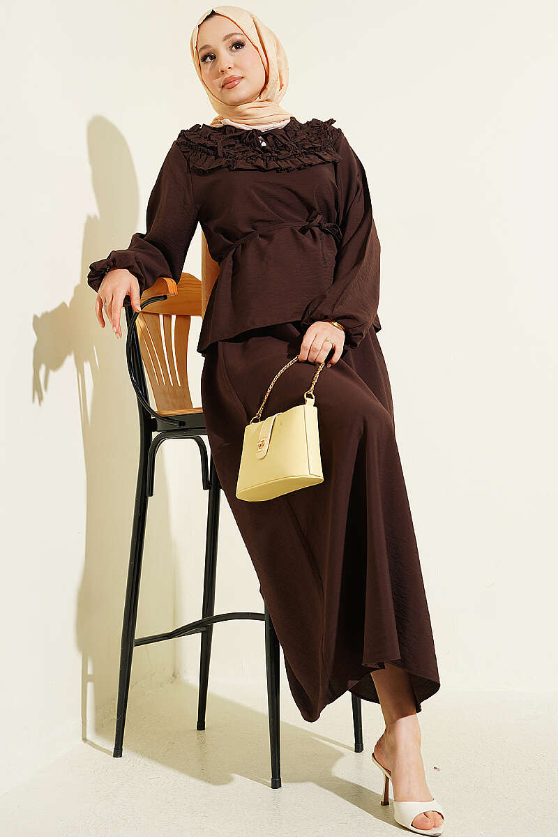 Two-Piece Skirt Set with Gathered Collar and Cord Belt - Brown