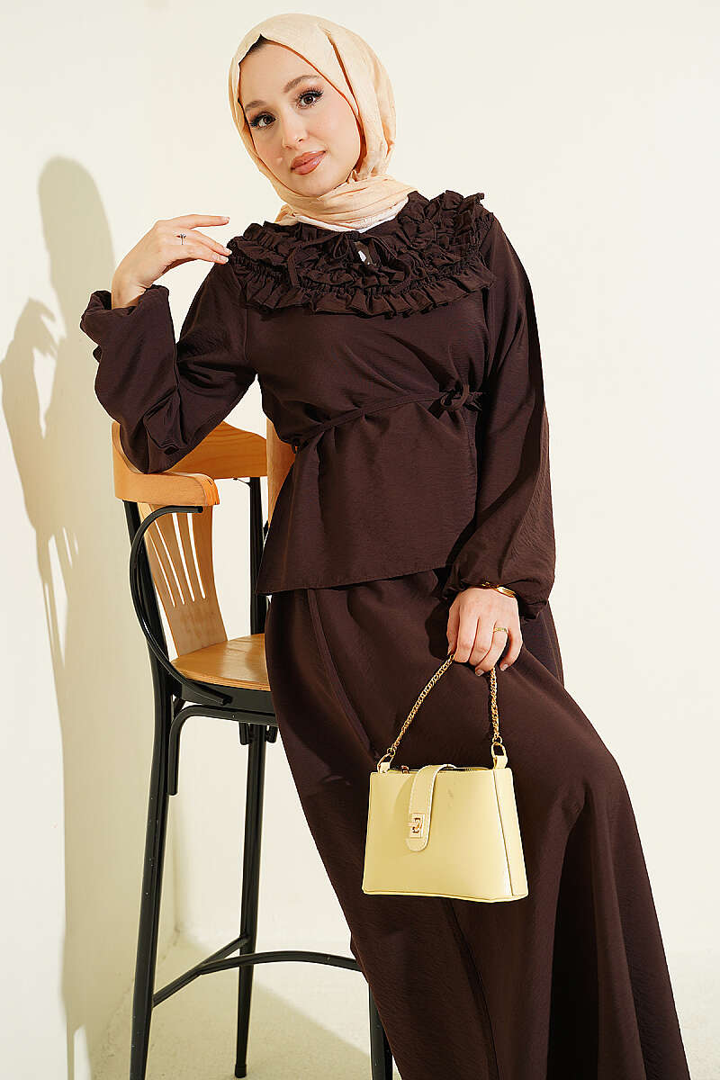 Two-Piece Skirt Set with Gathered Collar and Cord Belt - Brown