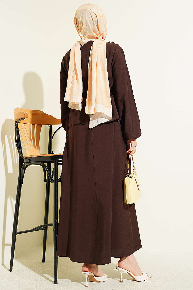 Two-Piece Skirt Set with Gathered Collar and Cord Belt - Brown