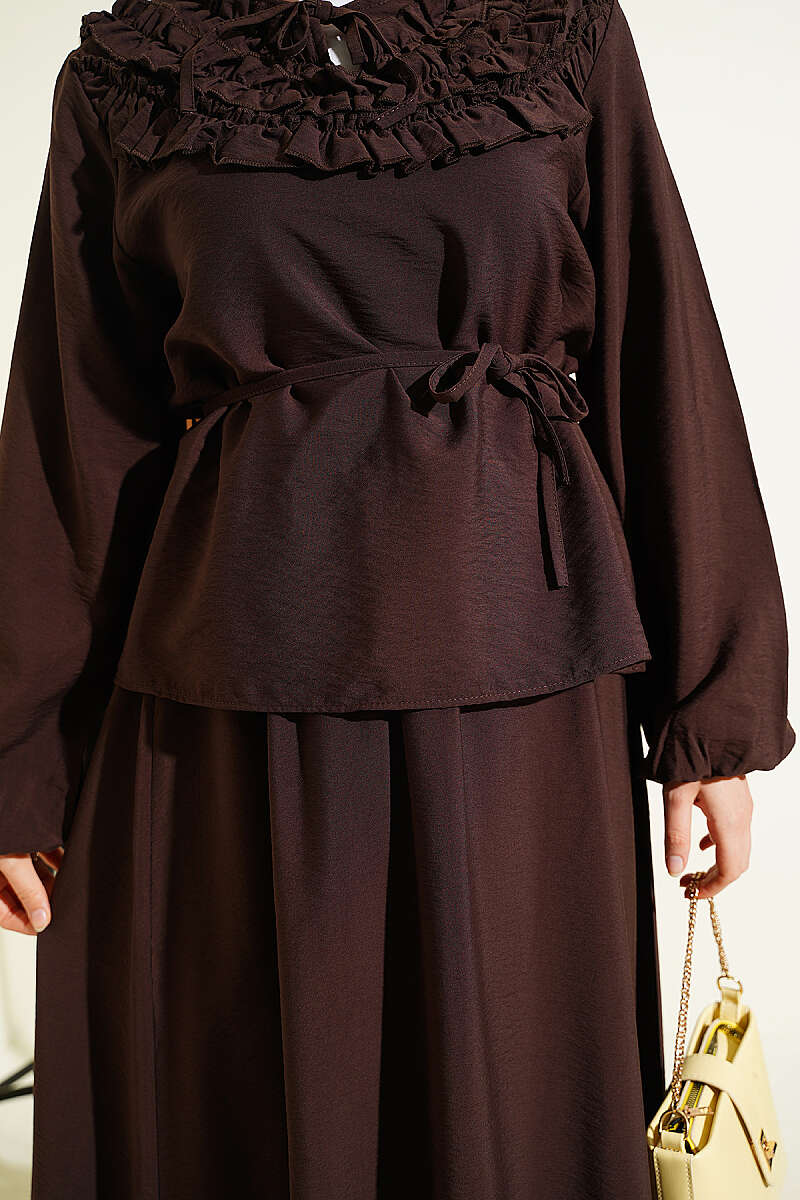 Two-Piece Skirt Set with Gathered Collar and Cord Belt - Brown