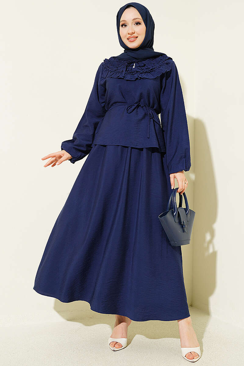 Two-Piece Skirt Set with Gathered Collar and Cord Belt - Navy