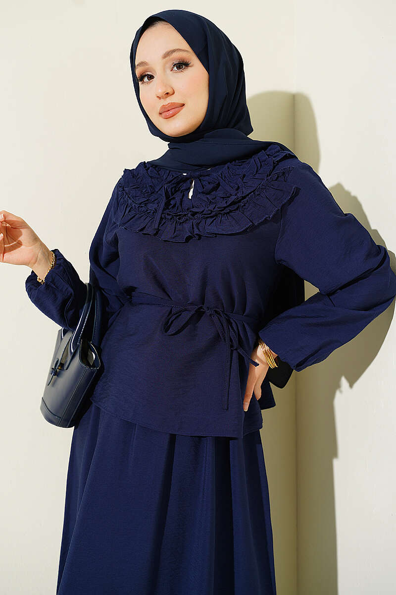 Two-Piece Skirt Set with Gathered Collar and Cord Belt - Navy