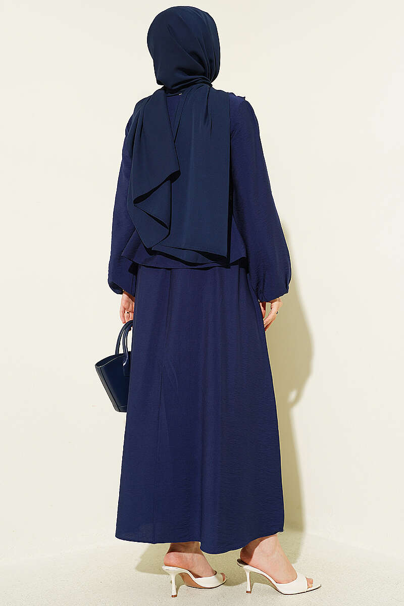 Two-Piece Skirt Set with Gathered Collar and Cord Belt - Navy