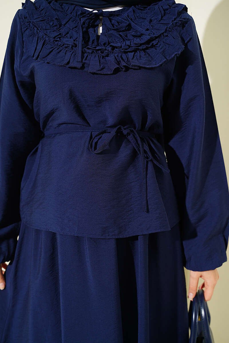 Two-Piece Skirt Set with Gathered Collar and Cord Belt - Navy