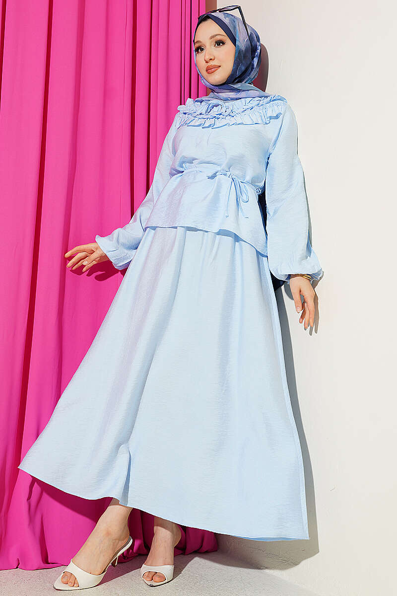 Two-Piece Skirt Set with Gathered Collar and Cord Belt - Blue