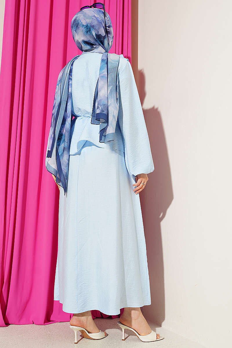 Two-Piece Skirt Set with Gathered Collar and Cord Belt - Blue