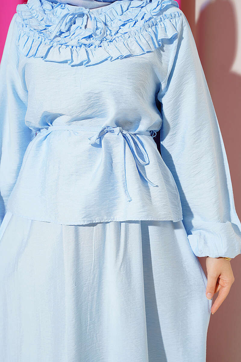 Two-Piece Skirt Set with Gathered Collar and Cord Belt - Blue