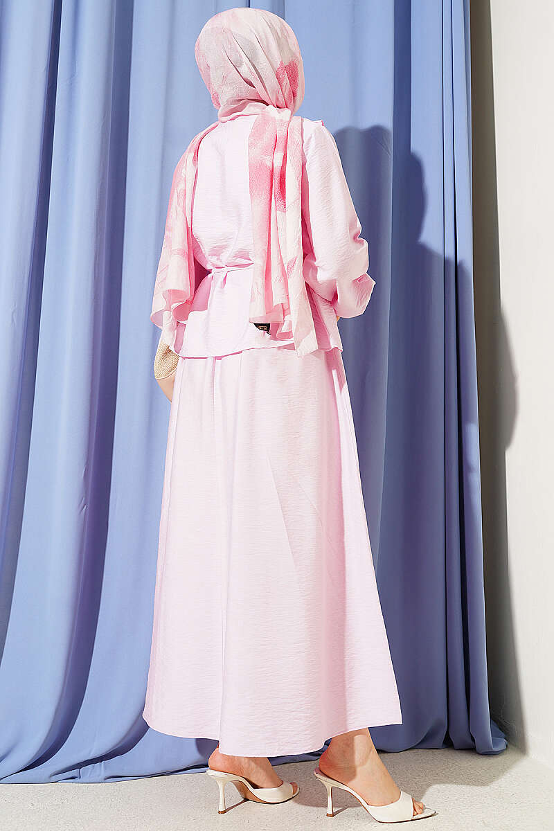Two-Piece Skirt Set with Gathered Collar and Cord Belt - Pink