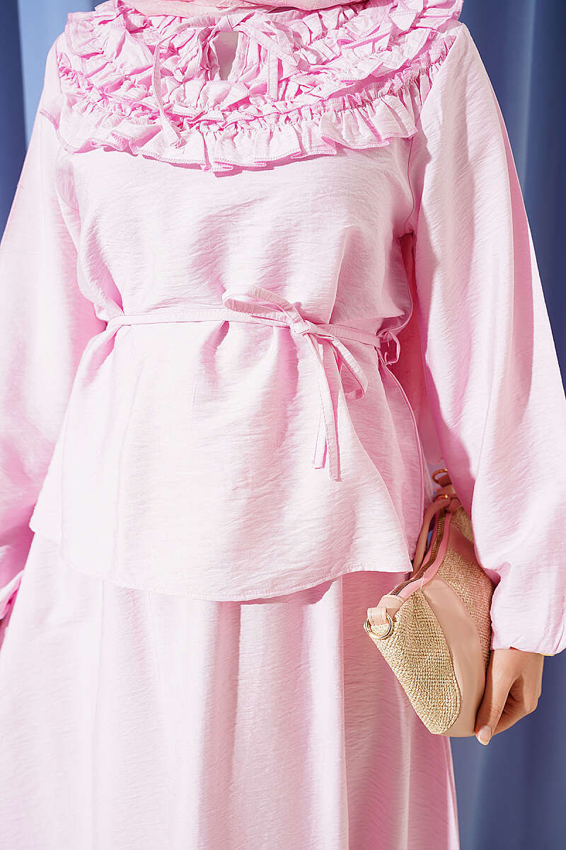 Two-Piece Skirt Set with Gathered Collar and Cord Belt - Pink