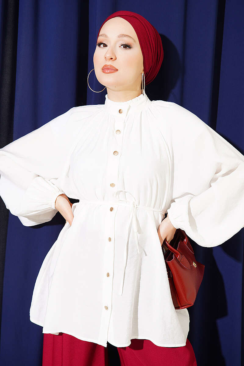 Gathered-Collar Shirt with Cord Belt - Ecru