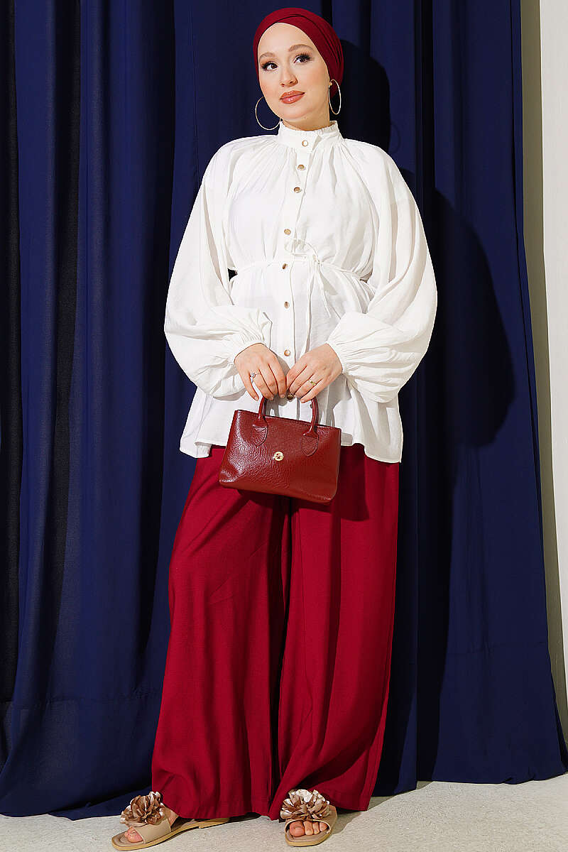 Gathered-Collar Shirt with Cord Belt - Ecru