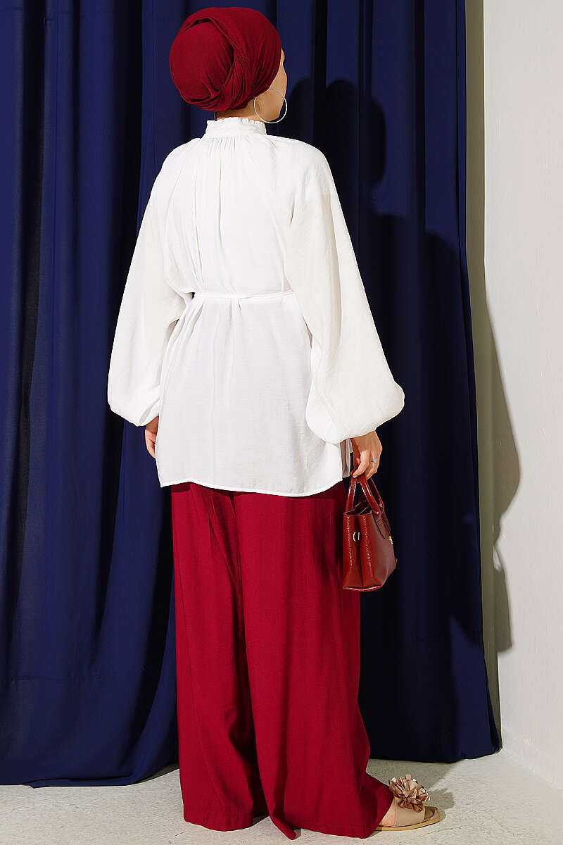 Gathered-Collar Shirt with Cord Belt - Ecru