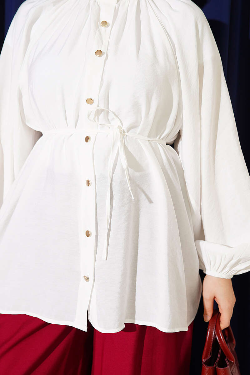 Gathered-Collar Shirt with Cord Belt - Ecru