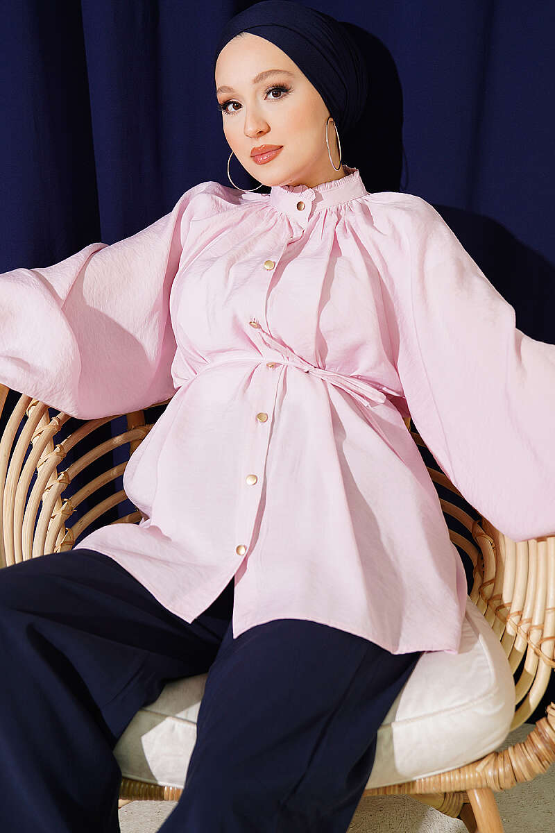 Gathered-Collar Shirt with Cord Belt - Pink