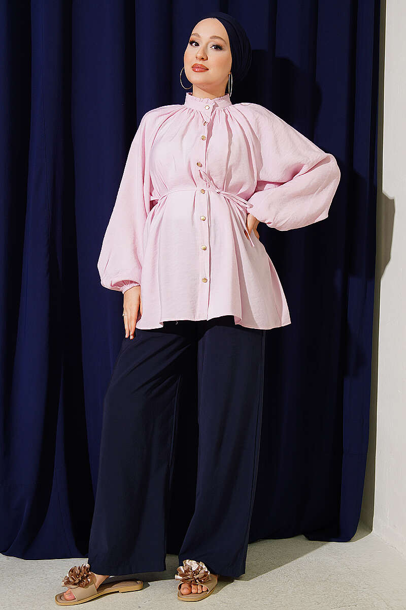 Gathered-Collar Shirt with Cord Belt - Pink