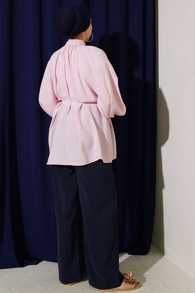 Gathered-Collar Shirt with Cord Belt - Pink
