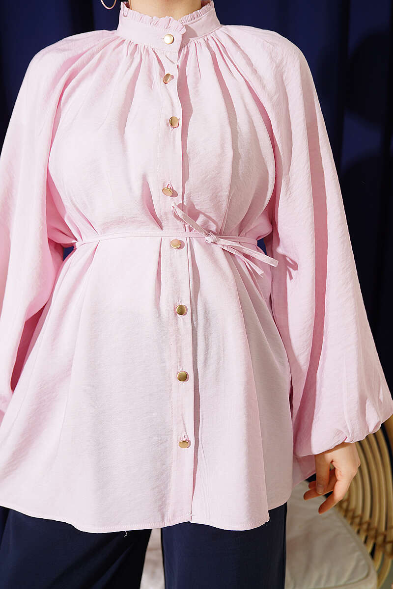 Gathered-Collar Shirt with Cord Belt - Pink