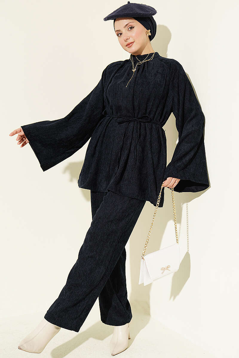 Velvet Two-Piece Set with Gathered Collar and Cord Belt - Navy