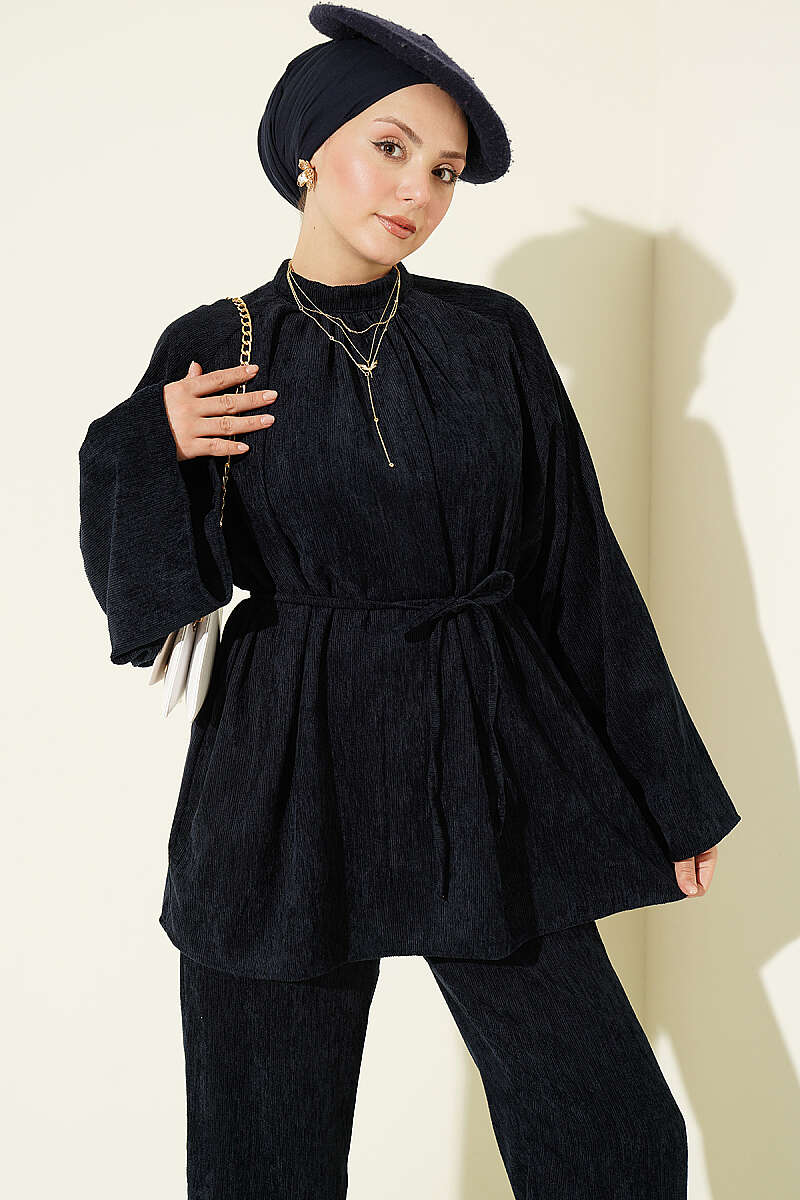 Velvet Two-Piece Set with Gathered Collar and Cord Belt - Navy
