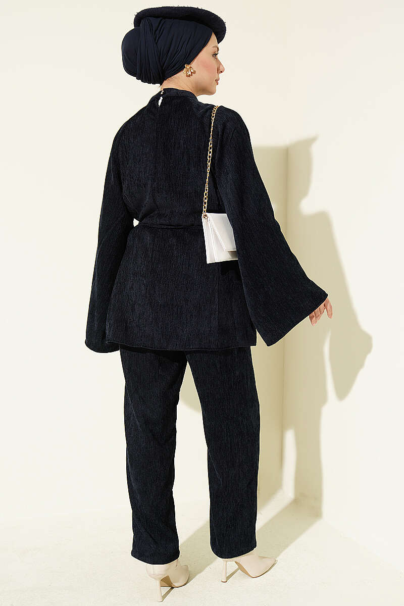 Velvet Two-Piece Set with Gathered Collar and Cord Belt - Navy