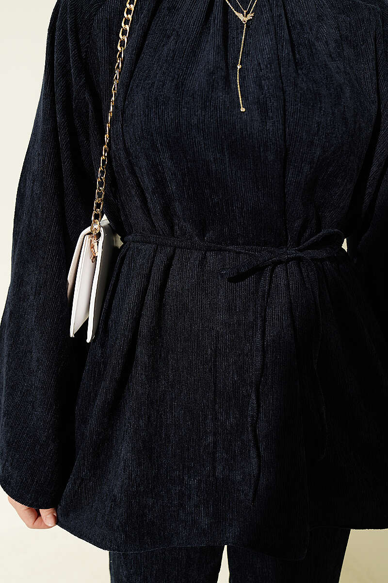 Velvet Two-Piece Set with Gathered Collar and Cord Belt - Navy