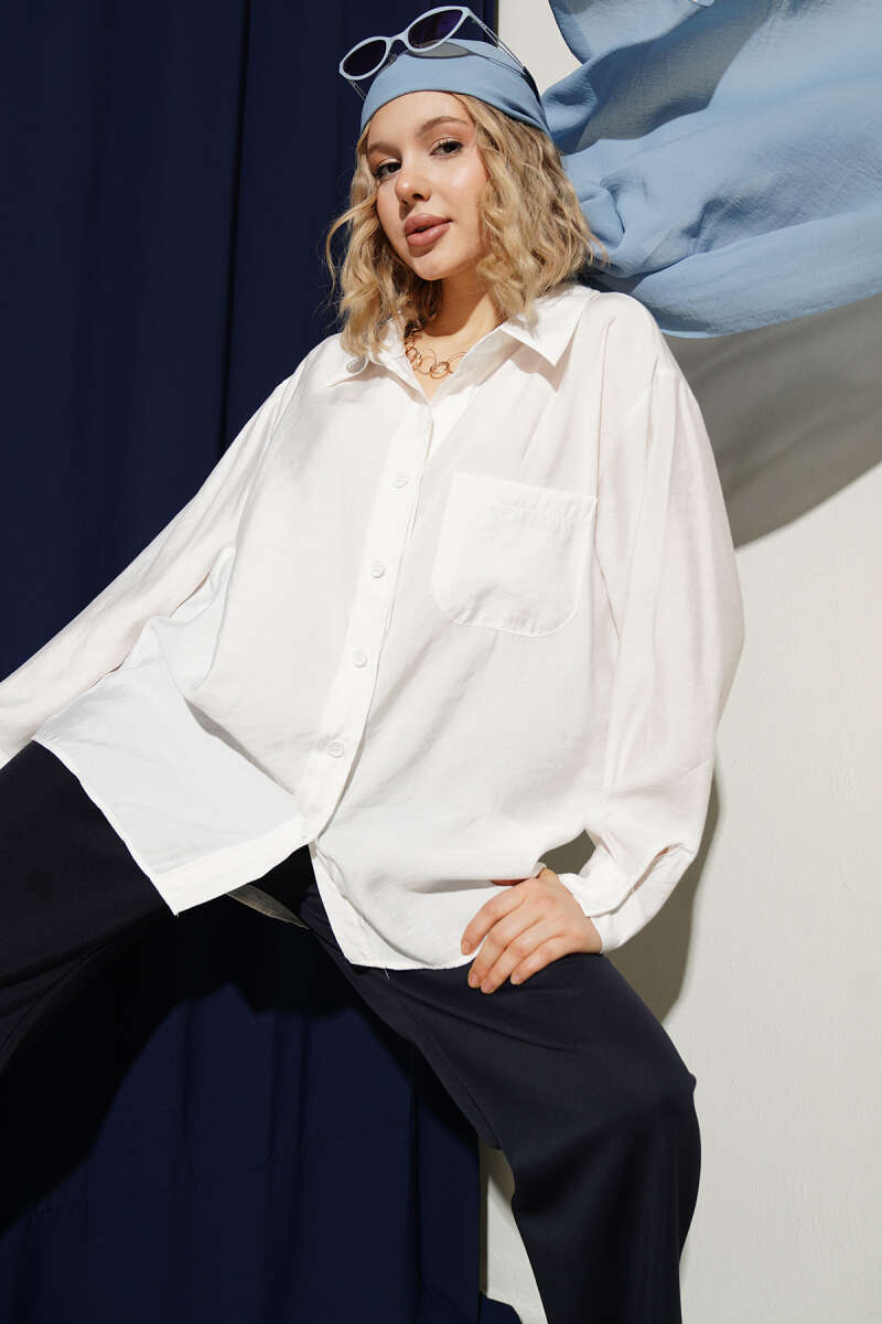 Oversized Shirt with Collar Pocket - Ecru